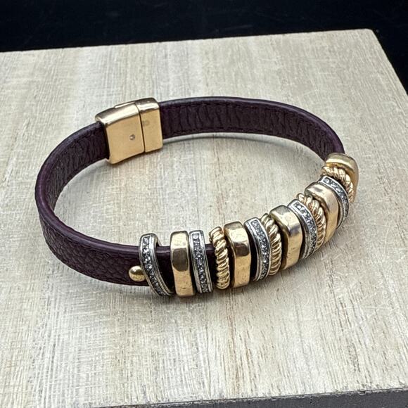 Slide Bracelet 7" Gold Silver Tone Crystal Charms Magnetic Purple Band Bangle - Picture 3 of 9